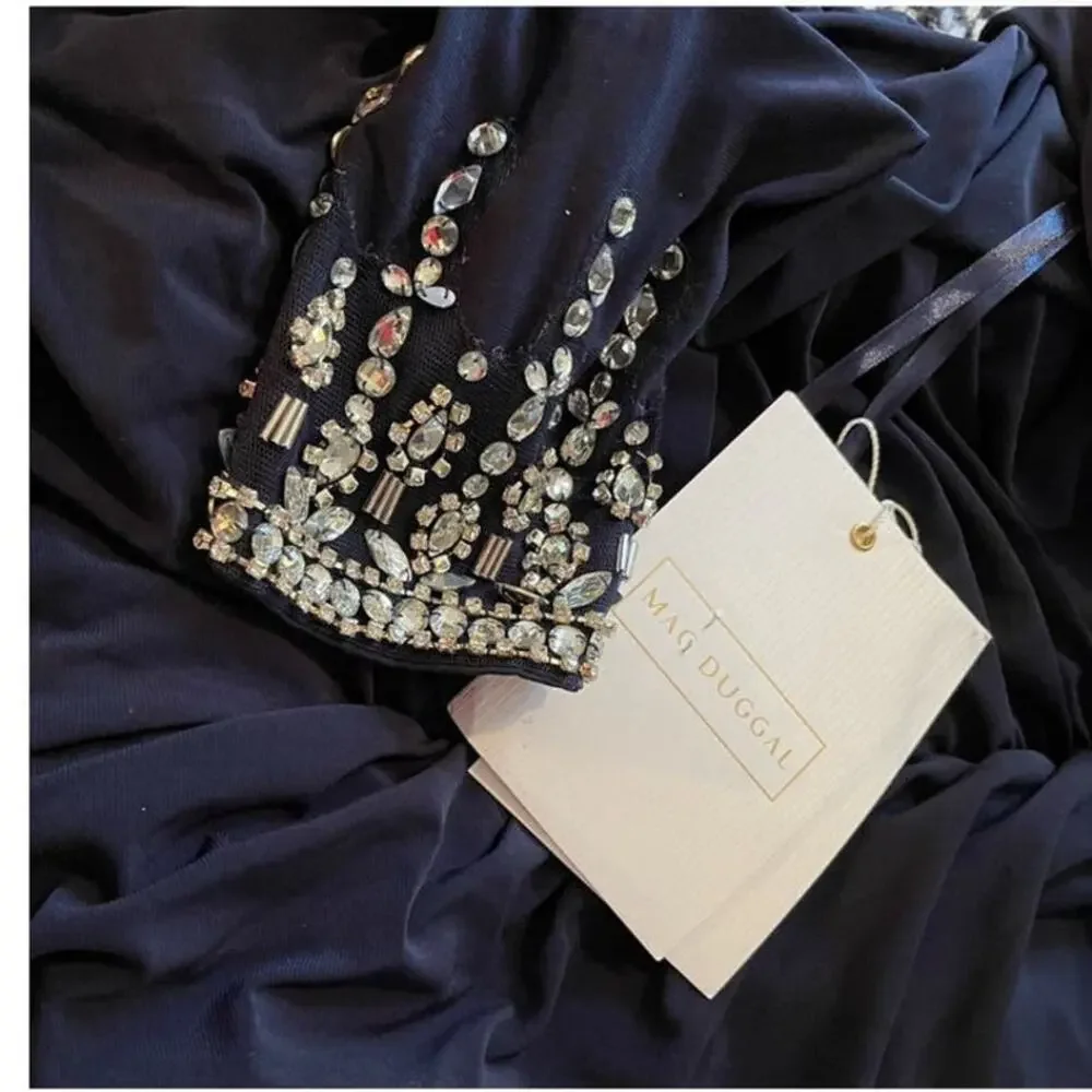 Mac Duggal 10 NEW Beaded Cuff Drop Shoulder Faux Wrap Gown Midnight Blue 12231 - Picture 7 of 8